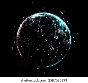 Vector illustration depicts a glowing, multicolored sphere composed of dots, set against a dark background. The design evokes cosmic or digital themes with a sense of depth and mystery.