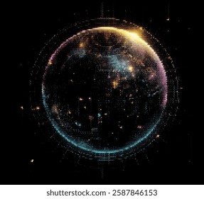 Vector illustration depicts a glowing, multicolored sphere composed of dots, set against a dark background. The design evokes cosmic or digital themes with a sense of depth and mystery.