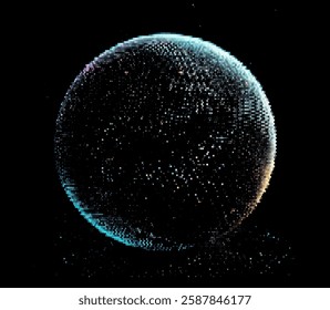 Vector illustration depicts a glowing, multicolored sphere composed of dots, set against a dark background. The design evokes cosmic or digital themes with a sense of depth and mystery.