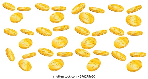 vector illustration depicts gold coins with the signs of the zodiac