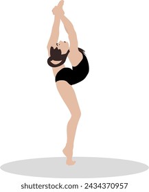 A vector illustration depicts a gymnast executing a standing split on a white background. The illustration captures the grace, flexibility, and elegance of the movement, showcasing precision and energ