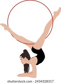 A vector illustration depicts a gymnast performing an acrobatic routine with a red hoop against a white background. The gymnast displays grace, flexibility, and strength in her movements, embodying el