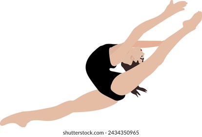 A vector illustration depicts a gymnast performing a split jump against a white background. The illustration captures the dynamic movement with elegance and grace, showcasing the gymnast's flexibility