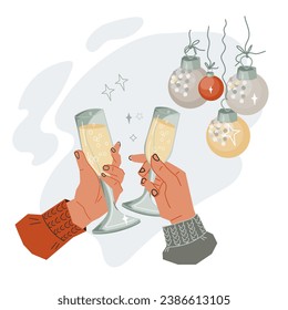 Vector illustration depicts hands raising a toast in a Christmas setting, accompanied by a festive wish. Perfect for holiday designs and card, party invitations, vector isolated on white.