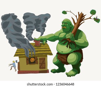 Vector illustration depicts how a huge and scary troll visits a person.
He came to take everything away.