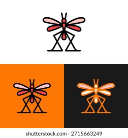Una Ilustración vectorial representa un insecto en tres combinaciones de colores diferentes, sobre fondos blancos, naranjas y negros. La obra de arte presenta un diseño minimalista con Elementos lineales y colores llamativos. Sus líneas limpias y formas simples sugieren un uso potencial en proyectos publicitarios o de diseño, adecuados para diversas aplicaciones comerciales.