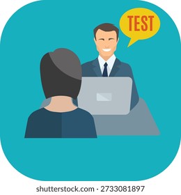 The vector illustration depicts a job interview scenario where an interviewer is administering a test or assessment to a candidate, representing evaluation, recruitment, and the hiring process.