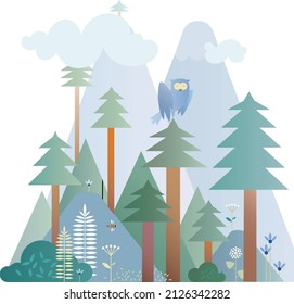 Vector illustration depicts a landscape: mountains, pine trees, hills, flowers, a bee, clouds, an owl on a pine tree.