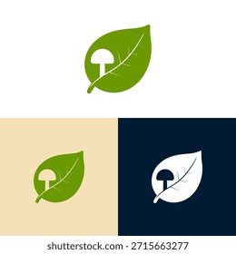 A vector illustration depicts a leaf and a mushroom in a minimalist style. The vibrant green color of the leaf contrasts with the neutral tones of the mushroom. The composition is simple, featuring clean lines and a flat design suitable for various design projects. Potential uses include designs related to environmental themes, natural products, or organic concepts.