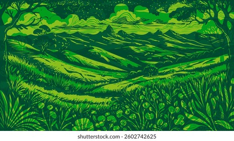 Vector illustration depicts a lush, rolling landscape with vibrant greenery and distant mountains under a detailed, textured sky