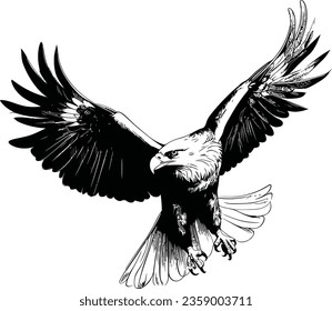 
 vector illustration depicts a majestic eagle in a striking black and white color scheme. The eagle is portrayed in a stylized and simplified manner, emphasizing its iconic features.