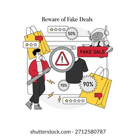 A ilustração vetorial mostra um homem analisando vendas falsas on-line e descontos enganosos. Sinais como venda falsa, classificações baixas e ofertas enganosas transmitem uma mensagem de alerta sobre fraudes on-line.