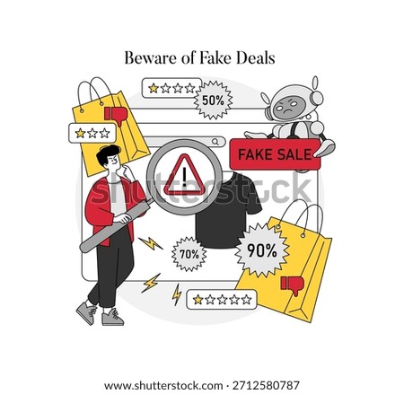 Vector illustration depicts a man analyzing online fake sales and deceptive discounts. Signs like fake sale, low ratings, and misleading offers convey a cautionary message about online scams.
