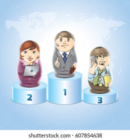 Vector illustration depicts the office workers as the dolls stand on a pedestal of honor.
