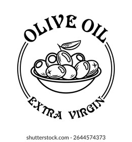 vector illustration depicts an olive oil label featuring a bowl of olives. The design emphasizes freshness and natural ingredients, reflecting the quality and heritage of Mediterranean culinary