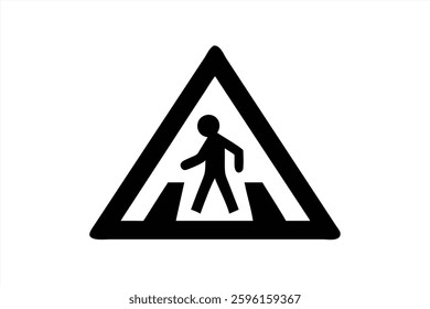 A vector illustration depicts a pedestrian crossing warning sign featuring a triangular shape. A person is shown walking across marked lines, emphasizing safety awareness for travelers.