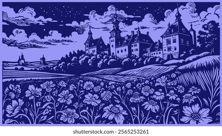 The  vector illustration depicts a picturesque countryside scene with a large castle surrounded by trees and rolling hills under a starry sky. 