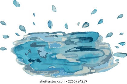 The vector illustration depicts a puddle of water with drops splashing out of it in various directions. The image is designed in a playful and energetic style, with bright colors and bold lines.

