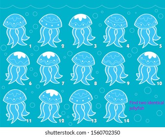 The vector illustration depicts a puzzle in which you need to find two identical marine jellyfish