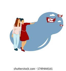 La ilustración vectorial muestra la recepción de mensajes o cartas. Dos chicas novias reciben correo, cartas. Las cartas vuelan con alas.