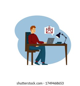 Vector illustration depicts receiving messages, letters, mail, letters by phone. The guy sits at the workplace and receives an email.