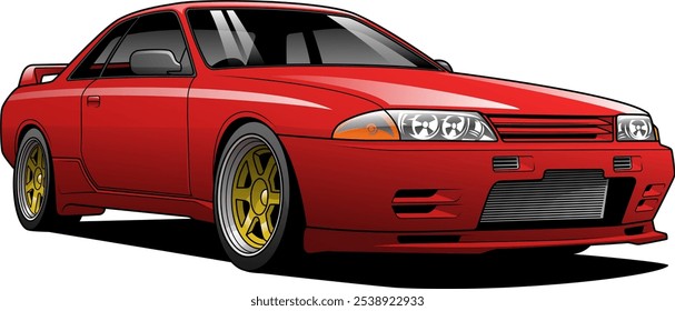 The vector illustration depicts a red sports car with a sleek design, featuring gold rims, a prominent front grille, and detailed headlights, showcasing a dynamic and stylish appearance