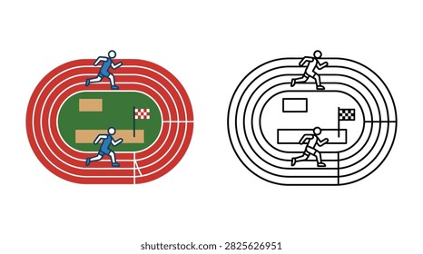 A vector illustration depicts a running track with two athletes in motion, set against a white background. The track features