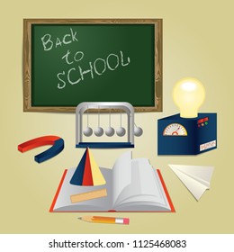 Vector illustration depicts school concept with corresponding staff like blackboard, notebook, pencil and other attributes referring to different subjects