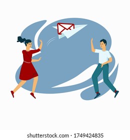 Vector illustration depicts sending messages, letters, mails. A guy and a girl launch a plane with an envelope.