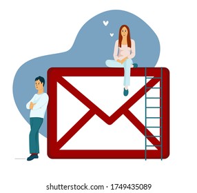 Vector illustration depicts sending messages, letters, mails. The guy sent the girl a nice letter.  The girl is sitting on an envelope. Hearts.