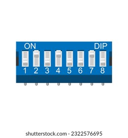 Vector illustration depicts a set of eight DIP switches, commonly utilized in electronic circuits for configuration and control purposes