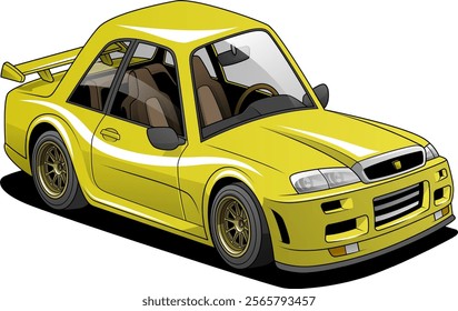 The vector illustration depicts a sleek, yellow sports car with gold rims and a prominent rear spoiler, emphasizing its sporty and dynamic design.