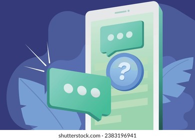 A vector illustration depicts a smartphone screen, featuring an ongoing chat conversation with a customer care. Within this chat window, an exchange of questions and answers. It is a Seamless graphic.