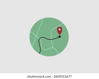 vector illustration depicts a stylized circular map with a location pin