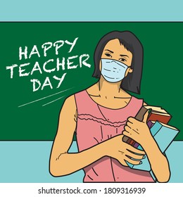 The vector illustration depicts a teacher holding a textbook. happy teacher day