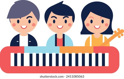 The vector illustration depicts three cheerful cartoon children playing a piano and guitar together.