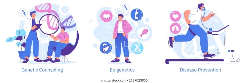 Vector illustration depicts three concepts: genetic counseling with a consultant and patient, epigenetics showing lifestyle effects, and disease prevention with exercise on a treadmill.