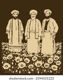 Vector illustration depicts three men in traditional Middle Eastern or Central Asian attire standing in a vast field of blooming poppies. Rendered in a vintage engraving style 