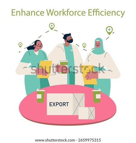 Vector illustration depicts three professionals holding documents with a collaborative expression, optimizing workforce efficiency. Export boxes and coffee cups are on the table.