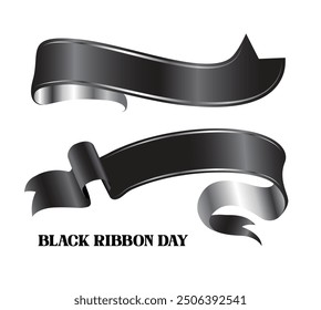 The vector illustration depicts two black ribbons with a silver trim. The ribbons are in different shapes and sizes, and they are both curved. The illustration is set against a white background.