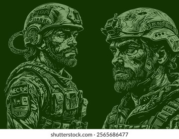 Vector illustration depicts two rugged soldiers in detailed, woodcut-style engraving. Both wear tactical helmets and military gear,exuding strength and readiness.