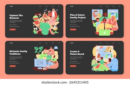 Vector illustration depicts various family activities, including capturing moments, planning projects, maintaining traditions, and creating vision boards. Engaged family members interact and