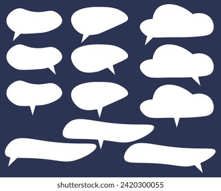 Vector illustration depicts various shapes of white text bubbles on a dark blue background, perfect for adding dialogue or comments in artwork.
