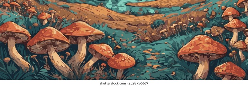 Vector illustration depicts a vibrant and magical forest scene with large orange mushrooms scattered across a lush, green landscape. 