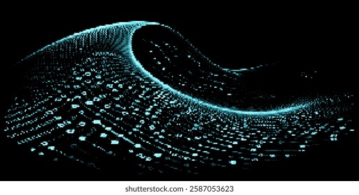 Vector illustration depicts a wave of cyan particles forming a dynamic, flowing pattern on a dark background, evoking a sense of digital motion and futuristic energy.