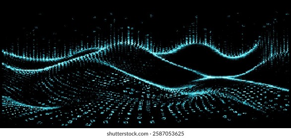 Vector illustration depicts a wave of cyan particles forming a dynamic, flowing pattern on a dark background, evoking a sense of digital motion and futuristic energy.