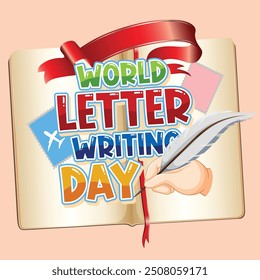 The vector illustration depicts World Letter Writing Day. It features a hand holding a quill pen and writing on an open book, with a red ribbon and postage stamps adorned with an airplane.