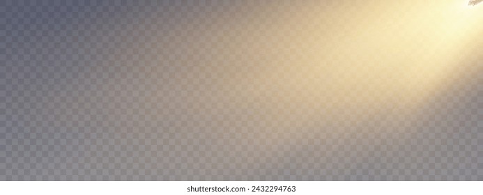 vector illustration depicts a yellow warm light effect with sun rays and beams on a transparent background.