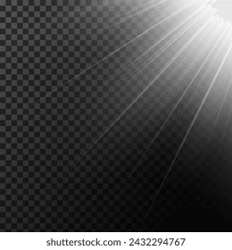 vector illustration depicts a yellow warm light effect with sun rays and beams on a transparent background.