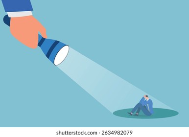 The vector illustration of a depressed businessman sitting on the ground, illuminated by the light of a giant hand holding a torch, symbolizing support, recognition, or guidance in times of stress 